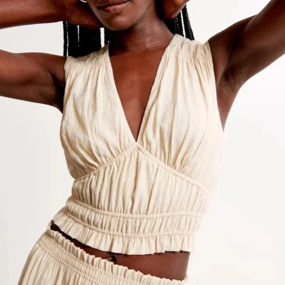 Abercrombie and Fitch Crinkle Textured Plunge Top and Maxi Skirt Cream M/L